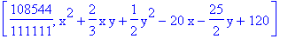 [108544/111111, x^2+2/3*x*y+1/2*y^2-20*x-25/2*y+120]